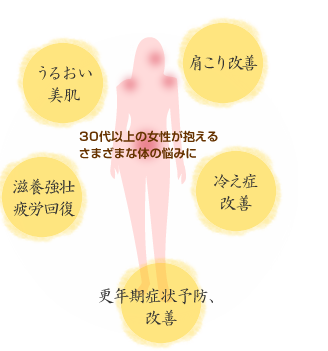 30代以上の女性が抱えるさまざまな体の悩みに「うるおい美肌」「滋養強壮、疲労回復」「肩こり改善」「冷え症改善」「更年期症状予防、改善」