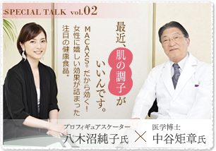 SPECIAL TALK vol. 02―最近、肌の調子がいいんです。MACAXS®だから効く！ 女性に嬉しい効果が詰まった注目の健康食品。八木沼純子氏×中谷矩章氏